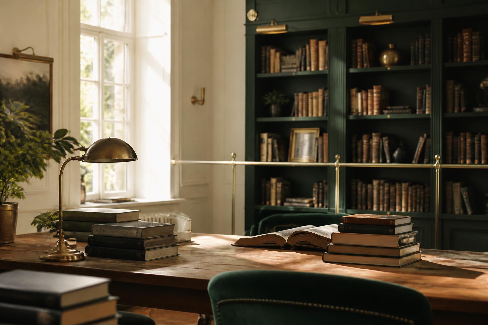 Sunlit reading room with emerald shelves and stacks of books
